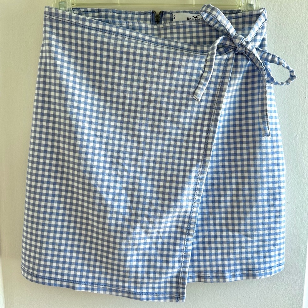 Hollister Light Blue And White Gingham 90s Y2K Wrap Mini Skirt Size S High Rise